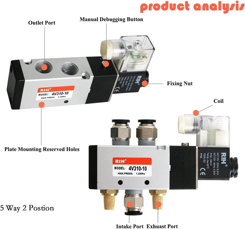 RH Pneumatics Solenoid Valve 4V310-10 12V/24V/110V Series Single Coil Pilot-Operated Electric 2 Position 5 Way Connection Type (AC110V/Junction Box, 3/8"NPT) - Image 3